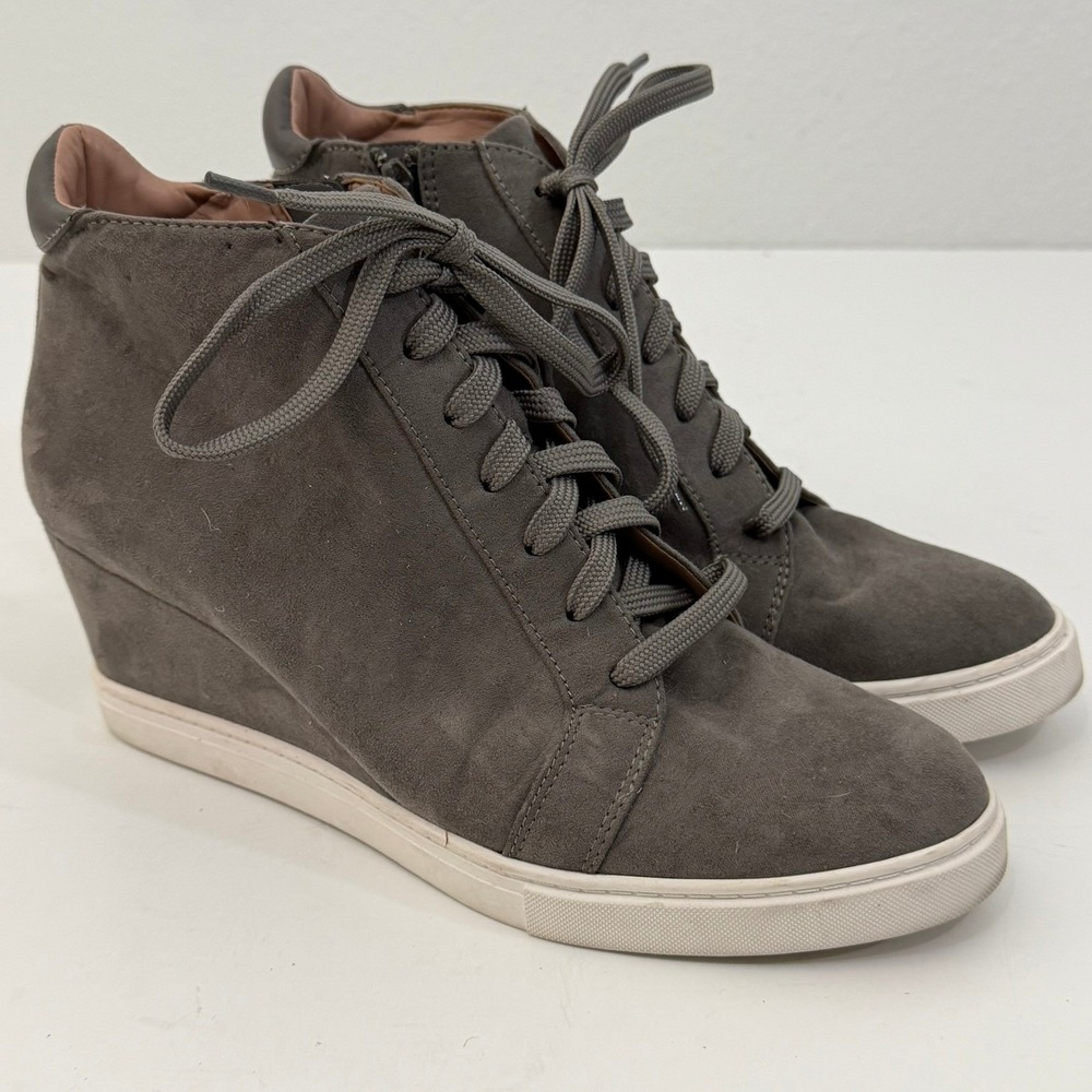 Linea Paolo‎ Wedge Sneaker Womens 9 Gray High Top Side Zip Lace Up Hidden Heel